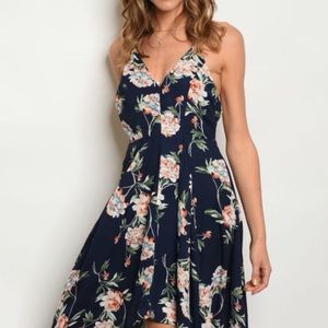 Navy Floral V-Neck Dress